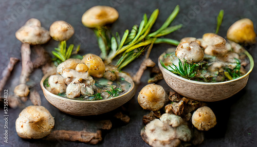 Exceptional Bowl of baby bella mushrooms and bunch of fresh rosemary on rustic wooden background. Generative Ai