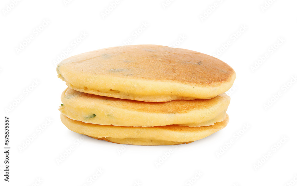 Stack of tasty corn pancakes isolated on white Stack of tasty corn pancakes isolated on white