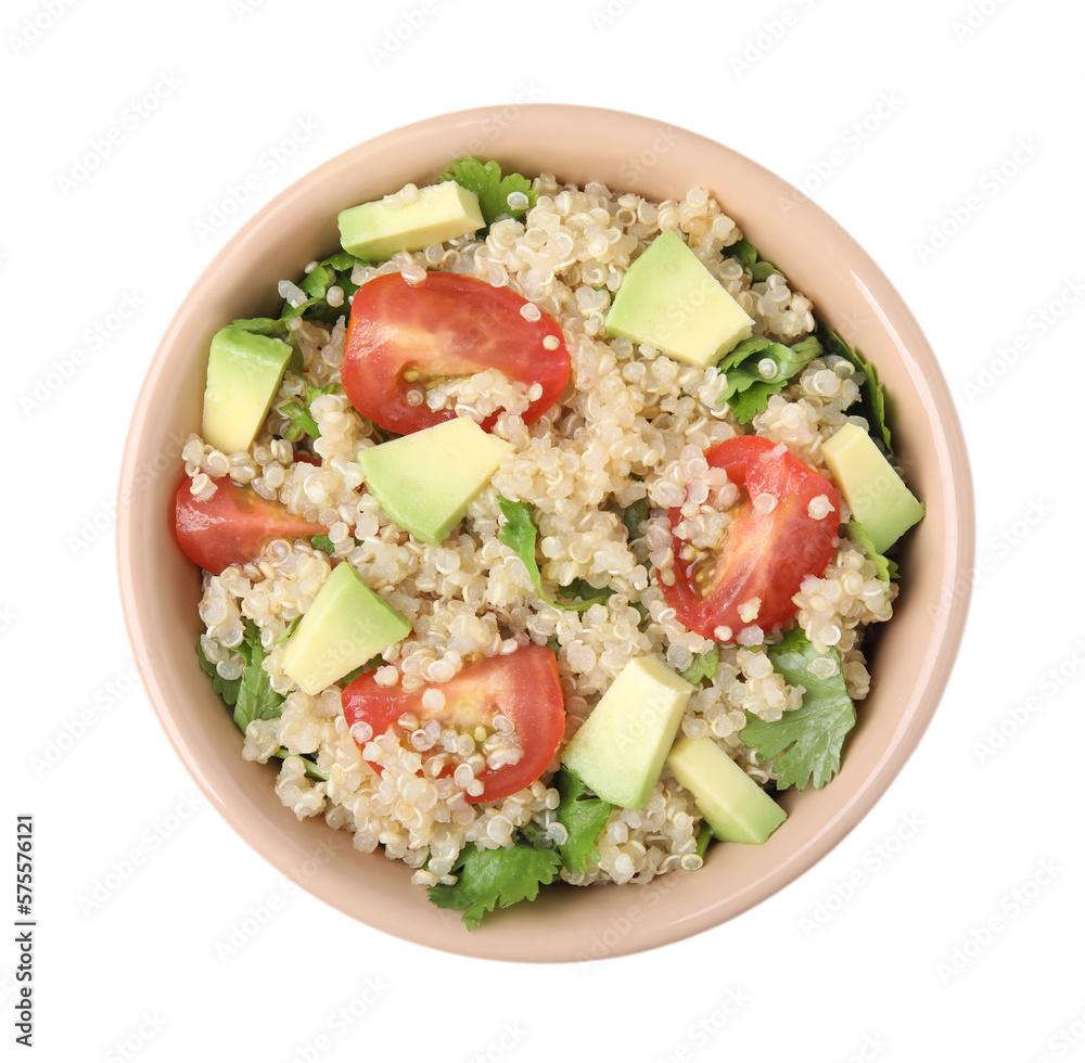 Delicious quinoa salad with tomatoes, avocado and parsley isolated on white, top view