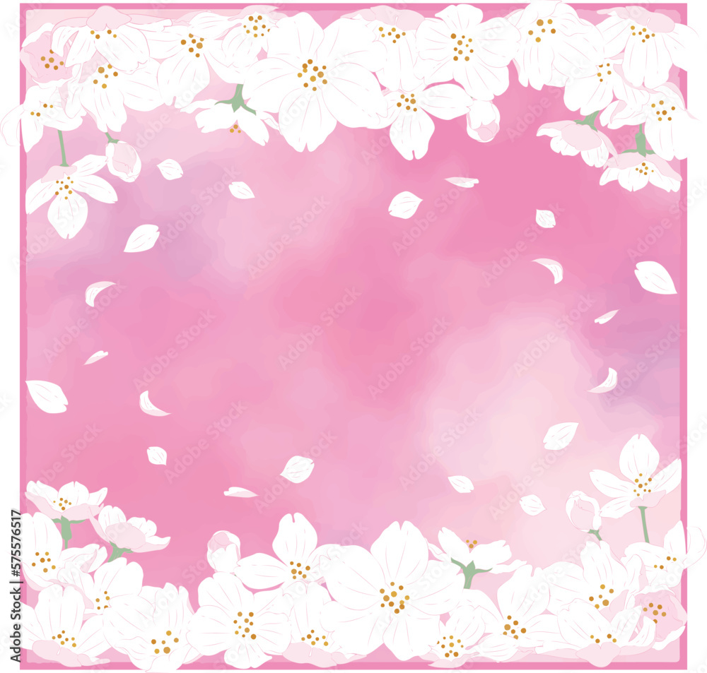 水彩画背景に桜のイラスト｜上下に花｜正方形