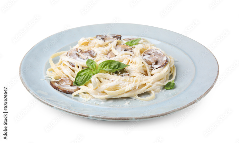 Delicious pasta with mushrooms on white background Delicious pasta with mushrooms on white background