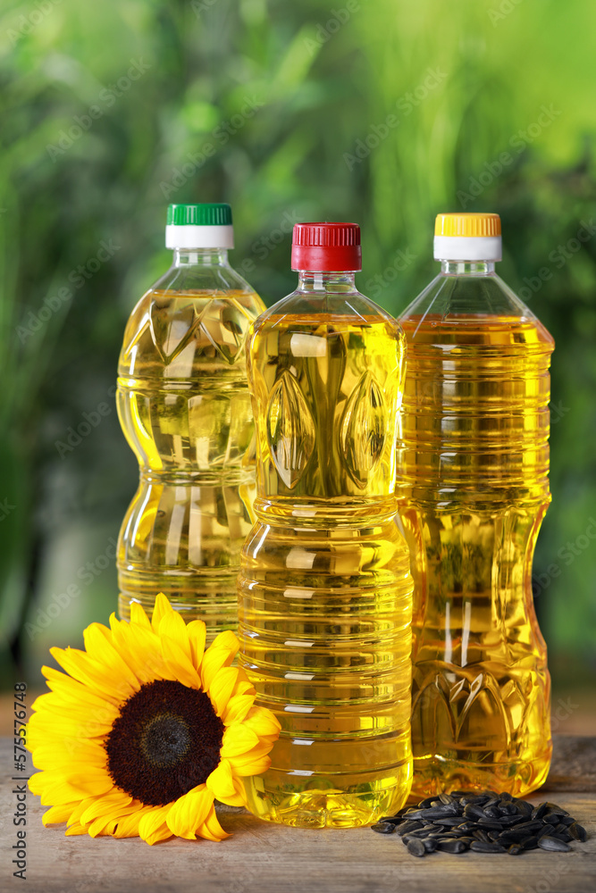Bottles of cooking oil, sunflower and seeds on wooden table against blurred background Bottles of cooking oil, sunflower and seeds on wooden table against blurred background