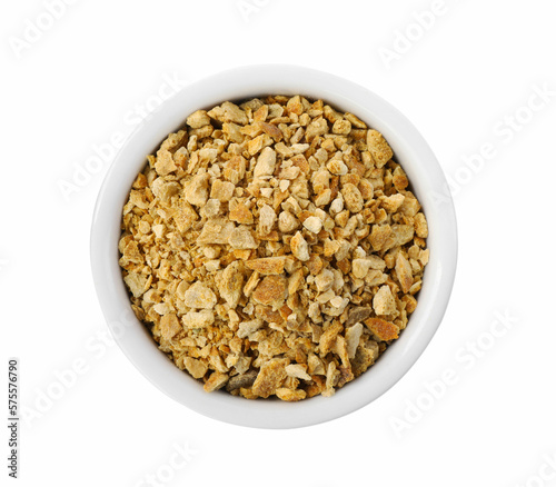 Bowl of dried orange zest seasoning isolated on white, top view © New Africa