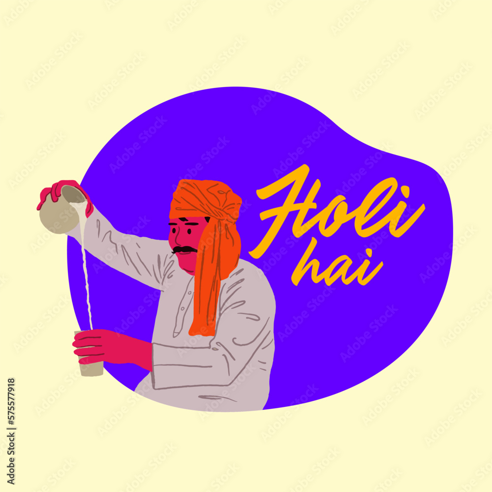Indian men with traditional Holi drink thandai with Holi celebrating word vector design. Happy Holi festival.