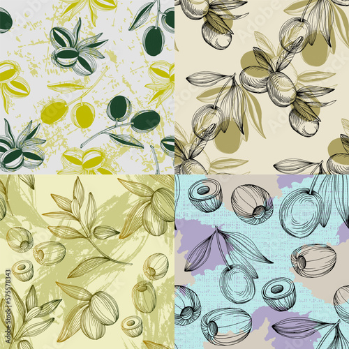 Seamless pattern with olive branch. Olive branches sketch. Vector hand drawing wildflower for background, texture, wrapper pattern.