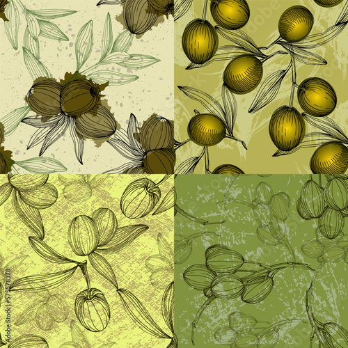 Seamless pattern with olive branch. Olive branches sketch. Vector hand drawing wildflower for background, texture, wrapper pattern.