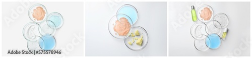 Petri dishes with skin care products on white background, top view. Collage design