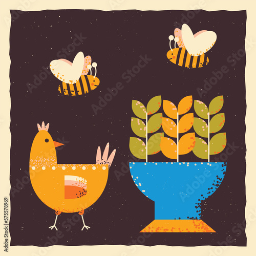 Chicken, bird with bees near the flower bed. Square template in grunge style.