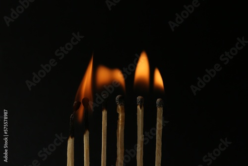 Fotografija Line of burning matches on black background
