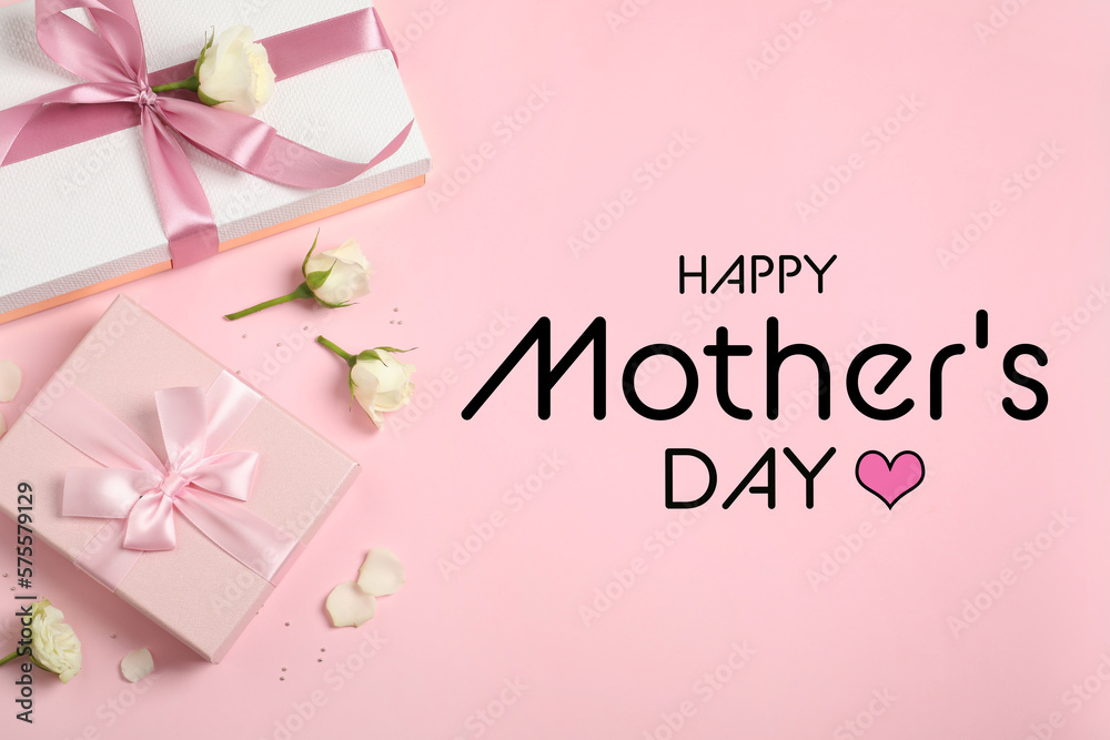 Happy Mother's Day. Greeting card with gift boxes and beautiful flowers on pink background, flat lay