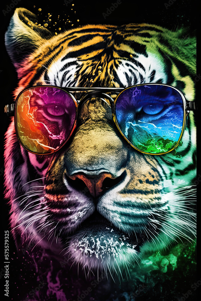 Bengal Tiger wearing sunglasses, Psychedelic Illustration. Generative AI Bengal Tiger wearing sunglasses, Psychedelic Illustration. Generative AI