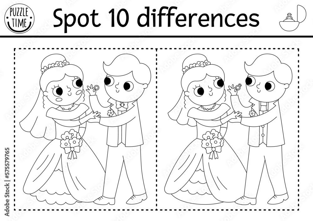 Find differences game for children. Wedding black and white activity ...