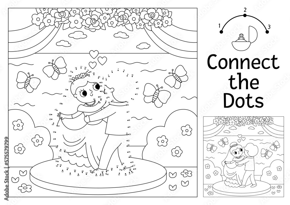 Vector dot-to-dot and color activity with cute dancing just married ...