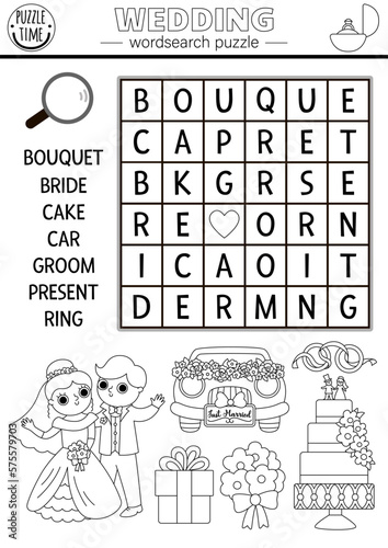 Vector black and white wedding wordsearch puzzle for kids. Simple word search quiz with marriage ceremony landscape for children. Educational activity or cross word  with bride, groom, cake.