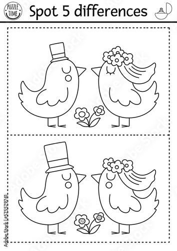 Find differences game for children. Wedding black and white educational activity with cute married birds couple. Marriage printable coloring page for kids with funny animal bride and groom.