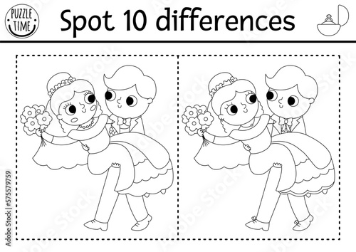 Find differences game for children. Wedding black and white educational activity with cute married couple. Marriage coloring page for kids with groom carrying his bride. Printable worksheet.