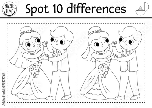 Find differences game for children. Wedding black and white activity with cute married couple. Marriage coloring page for kids with funny bride, groom and ring. Printable worksheet.