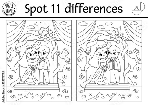 Find differences game for children. Wedding black and white activity with cute married couple under the arch. Marriage coloring page for kids with funny bride and groom. Printable worksheet.