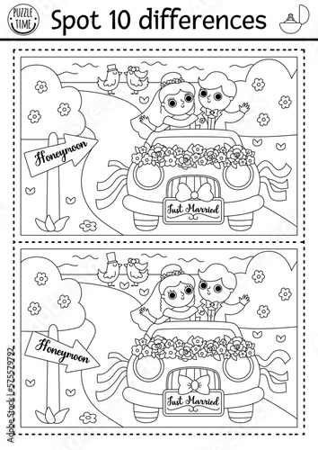 Find differences game for children. Wedding black and white activity with married couple going on honeymoon. Marriage coloring page for kids with bride and groom. Printable worksheet.