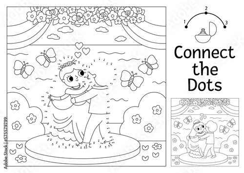 Vector dot-to-dot and color activity with cute dancing just married couple. Wedding connect the dots game for children with bride and groom. Marriage ceremony coloring page for kids..