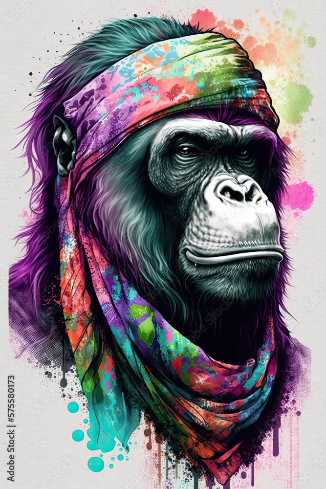 Gorilla wearing Bandana, Psychedelic Illustration. Generative AI
