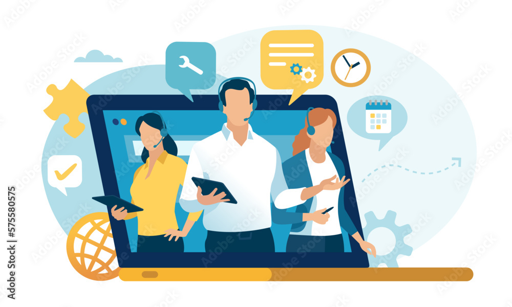 Online technical support team. Call center. Customer service, hotline operator with headset. Vector illustration.