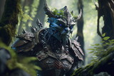 Futuristic robotic goblincore in the forrest with blue eyes. AI Generated.