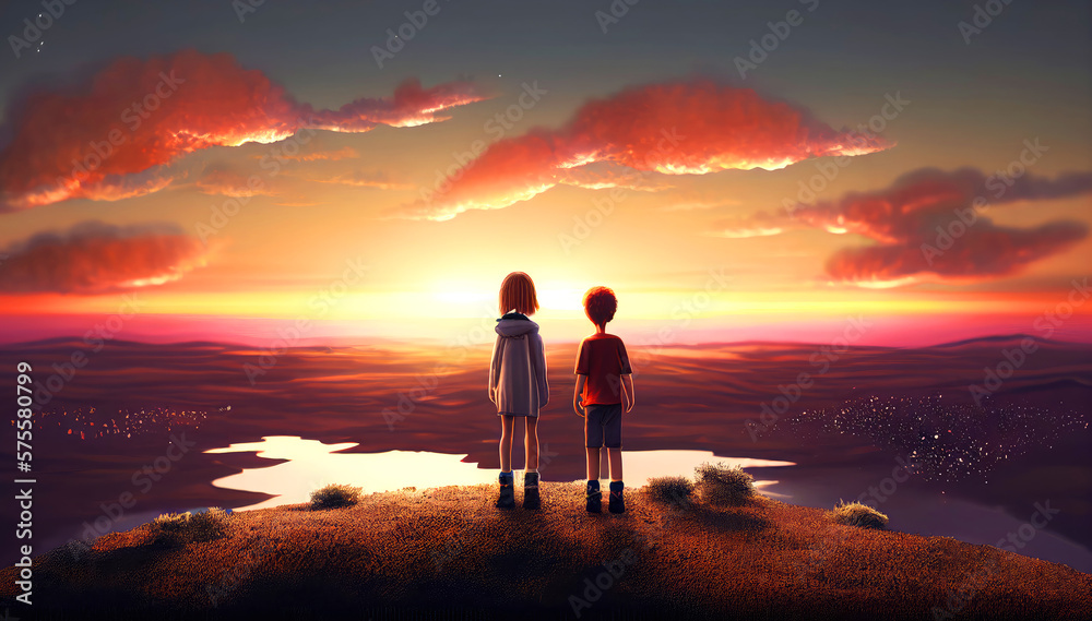 Spectacular Sunset: An Illustration of Kids on a Hill Watching a Breathtaking Landscape, Filled with Natural Wonder and Joyful Adventure. Generative AI