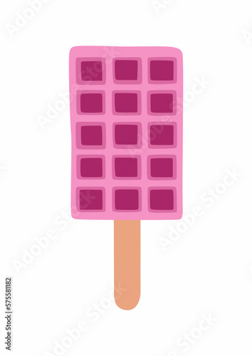 Sweet food and dessert food, vector illustration of homemade corn dog or hot dog waffle on a stick. Magenta color. Pink or violet. Isolated on white background. photo