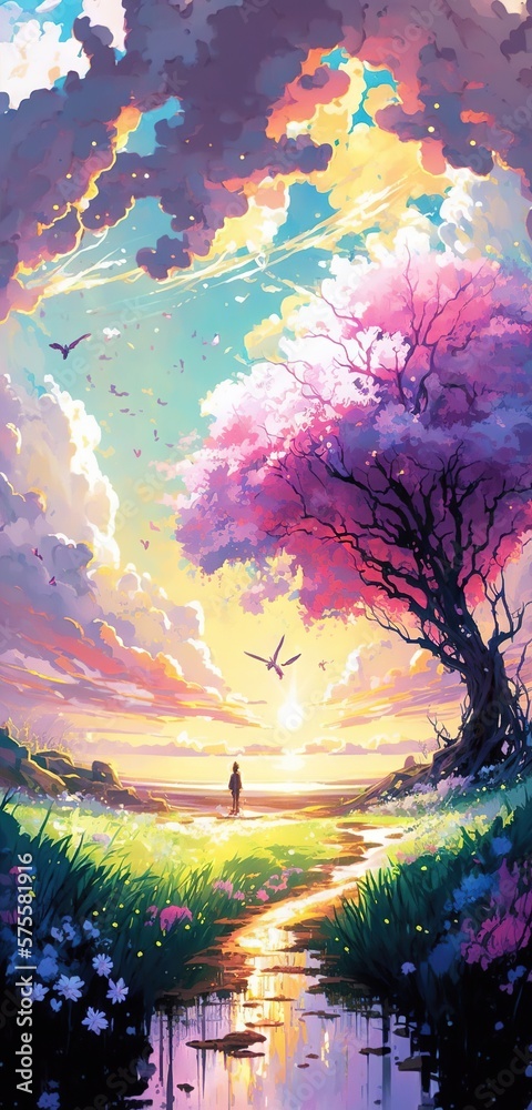 Beautiful oil painting spring Sakura blossom landscape background generative ai