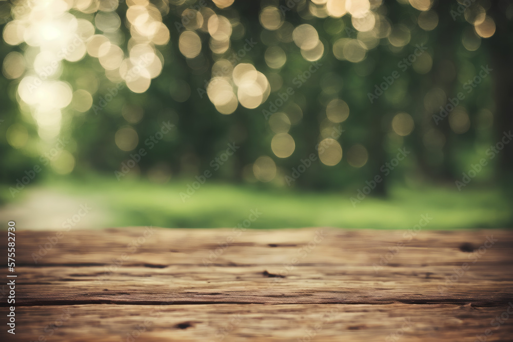 Blurry background with forest and bokeh effect. Wooden brown table. Mockup. Template.