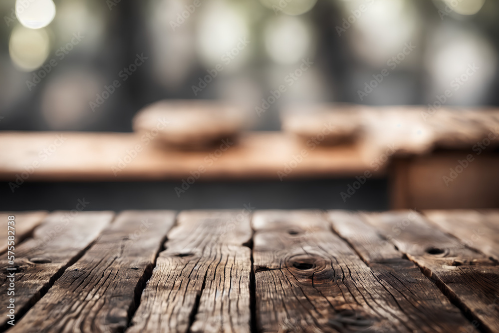 Grunge brown wooden table and blurry background. Illustration.