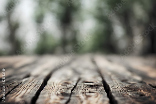 Wooden table and green forest in the background. Natural copy space. Illustration.