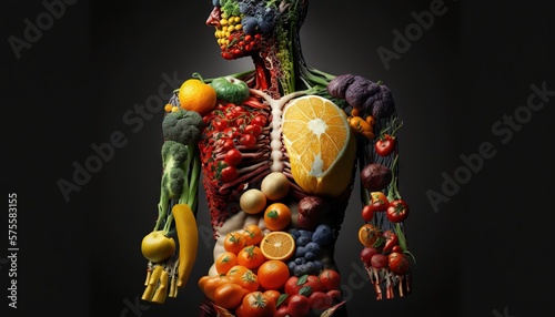 Man is made of vegetables and fruit. Vegan lifestyle concept  Healthy food fitness generative ai