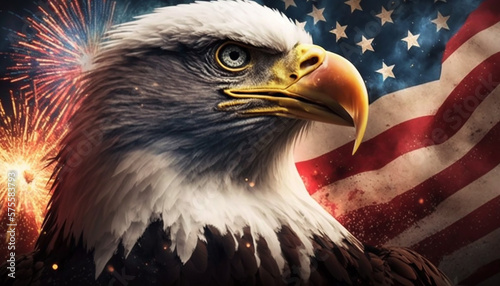 USA 4th of july independence day bald eagle with american flag with fireworks, Generative ai