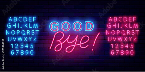 Good bye neon label. Glowing lettering. Farewell concept. Luminous pink and blue alphabet. Vector stock illustration