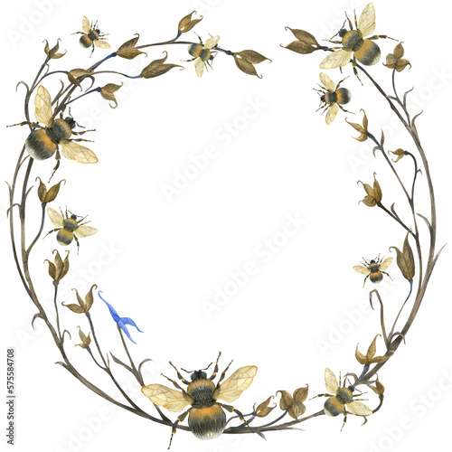 Wreath of meadow herbs ans bumblebees. Watercolor nature illustration  round frame for greetings and any cards