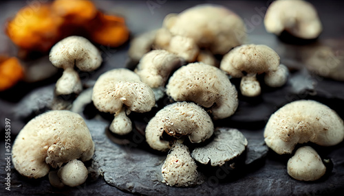 Defocus raw mushrooms champignons on black background. Generative Ai