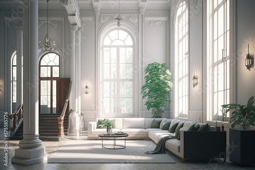 Modern and minimalist living room. Large windows that illuminate the room with natural light. Generative AI