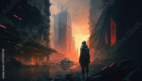 Destroyed city post- apocalypse concept. futuristic cityscape illustration. AI generated 