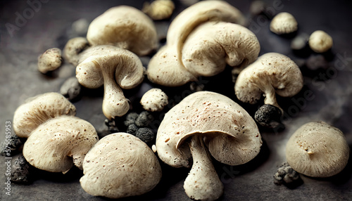 White mushrooms on dark desk. Generative Ai