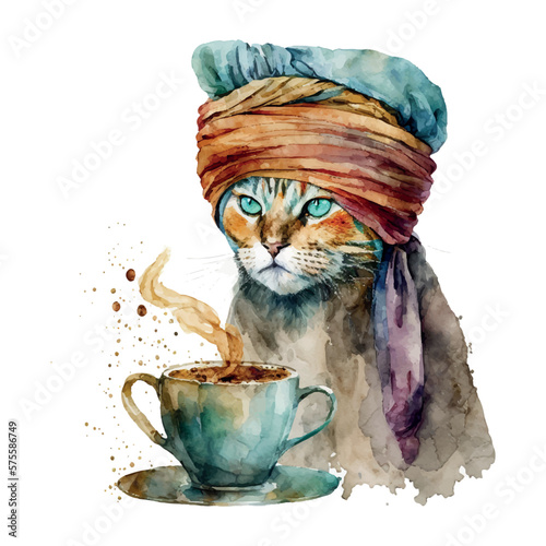 Turkish Cat with coffee cup. Muslim cat with turban. Watercolor Vector illustration for coffee houses. Isolated on white background. Can be used for menu, logo or flyer, greeting card, design t-shirt