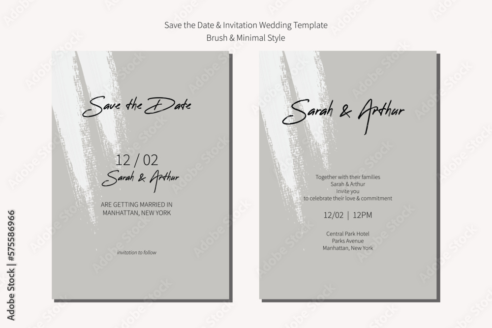 Save the date and wedding invitation modern card template with brush stroke and minimal style.