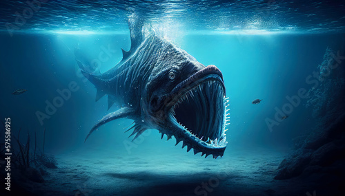 An Illustration of a Monstrous Fish Lurking in the Deep Dark Depths of the Ocean. Generative AI