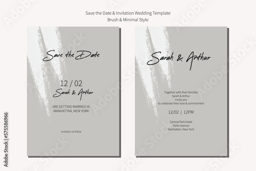 Save the date and wedding invitation modern card template with brush stroke and minimal style.