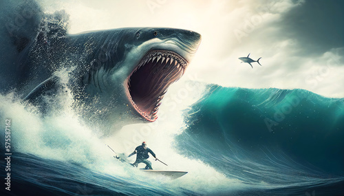 Surfer Under Attack: A Thrilling Encounter with a Shark. Generative AI Illustration