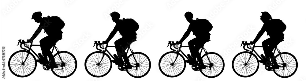 Guys riding bicycles ride in one line, one after another. Protective ...