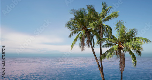 Fototapeta Naklejka Na Ścianę i Meble -  The image of a coconut tree against the early morning sky, the background for the hello summer design. 3D rendering 