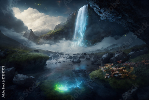 waterfall coming down from mountain, nebula sky, flower and pond