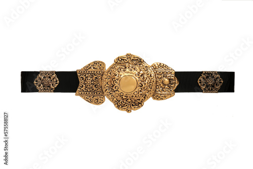 Black leather belt strap with big metal golden decorative buckle isolated on white background. Female women's waistband girdle cummerbund. Flat lay, template, mock up photo